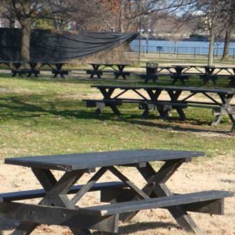 Empty picnic tables in a field